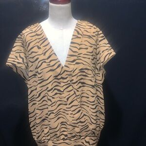 Nine West Tan and Black Zebra Print V-Neck Blouse